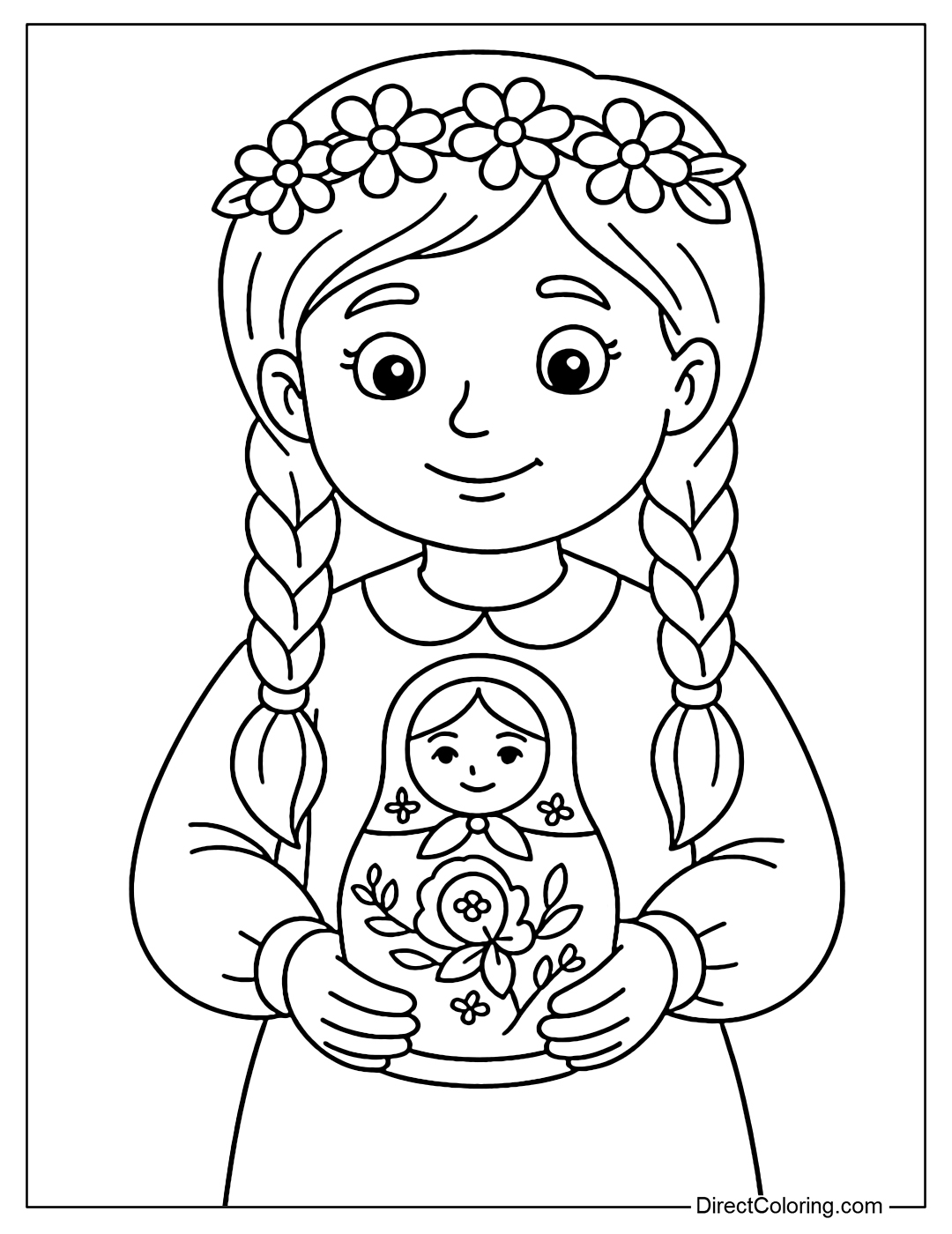 Coloring page of a girl holding a nesting Matryoshka doll set in her hands.